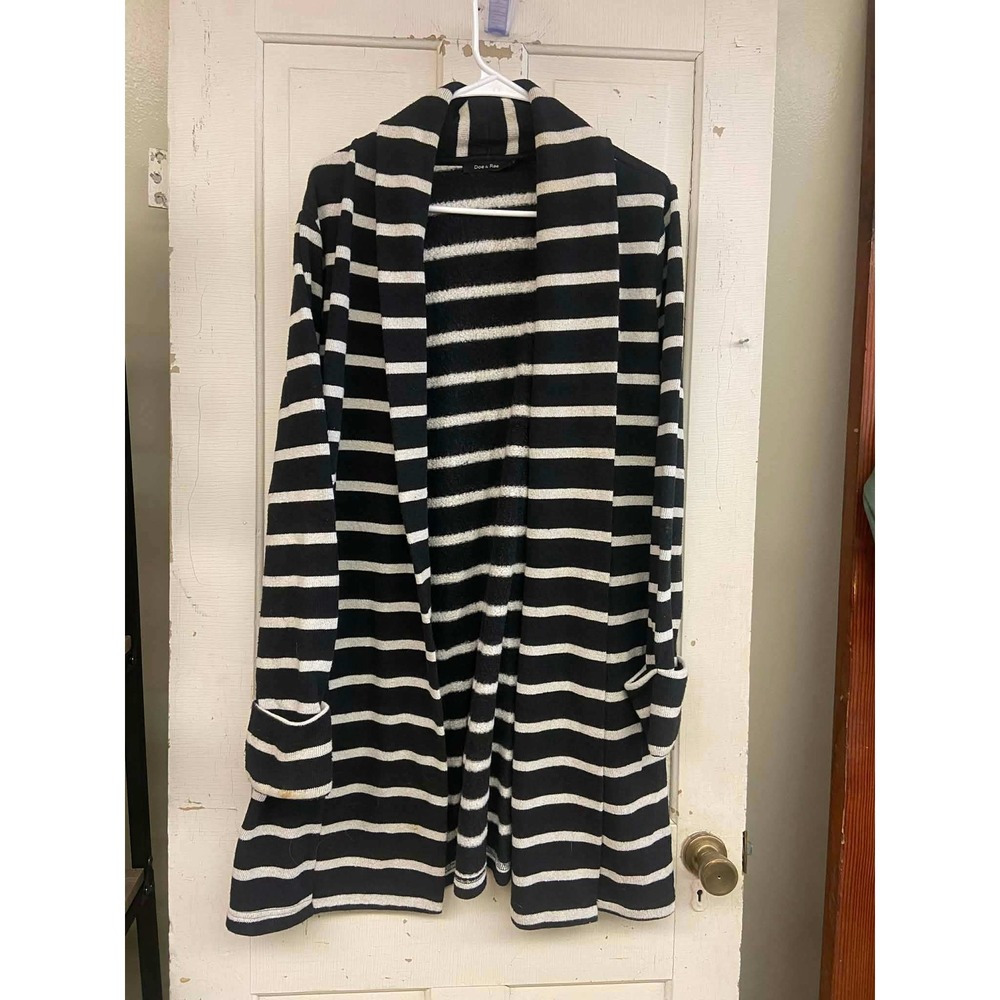 Doe & Rae Womens Striped Open Front Longline Cardigan Sweater Black White Size M